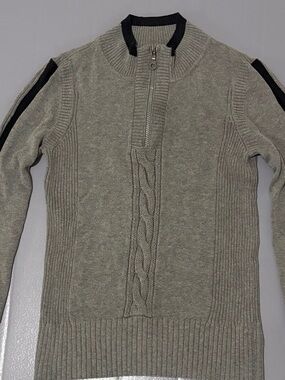 DKNY Men's Gray Cable Zip-Up Sweater with Black Trim